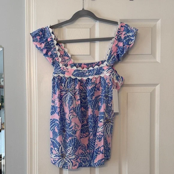 Lilly Pulitzer Pink and Blue Floral Ruffle Top - Picture 1 of 5